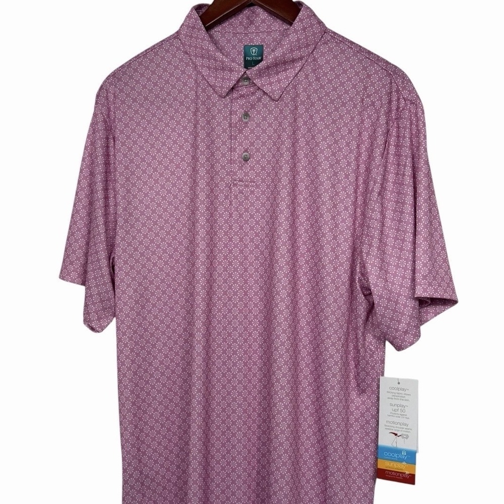 Pro Tour Coolplay Golf Polo Shirt Men's Large Pink‎ Floral Dot Print UPF 50 NWT
